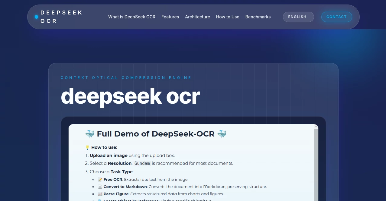 Screenshot of DEEPSEEK OCR – An AI tool in the ,AI PDF ,AI Document Extraction ,AI Documents Assistant ,AI Files Assistant  category, showcasing its interface and key features.
