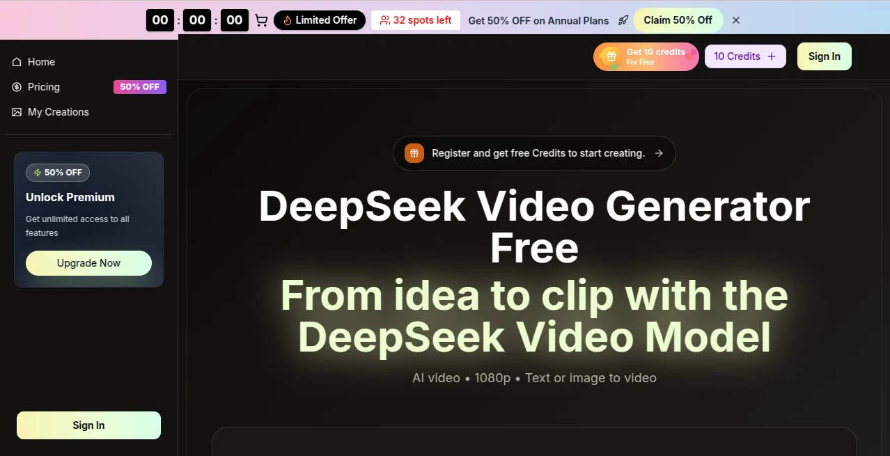 Screenshot of ds video – An AI tool in the ,AI Animated Video ,AI Image to Video ,AI Video Generator ,AI Text to Video  category, showcasing its interface and key features.