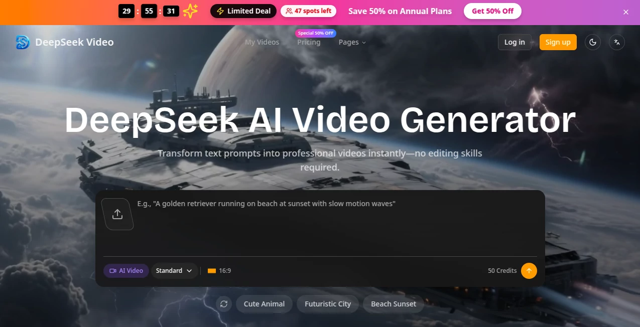 Screenshot of DeepSeek Video - AI Video Generator Online – An AI tool in the ,AI Animated Video ,AI Image to Video ,AI Video Generator ,AI Text to Video  category, showcasing its interface and key features.