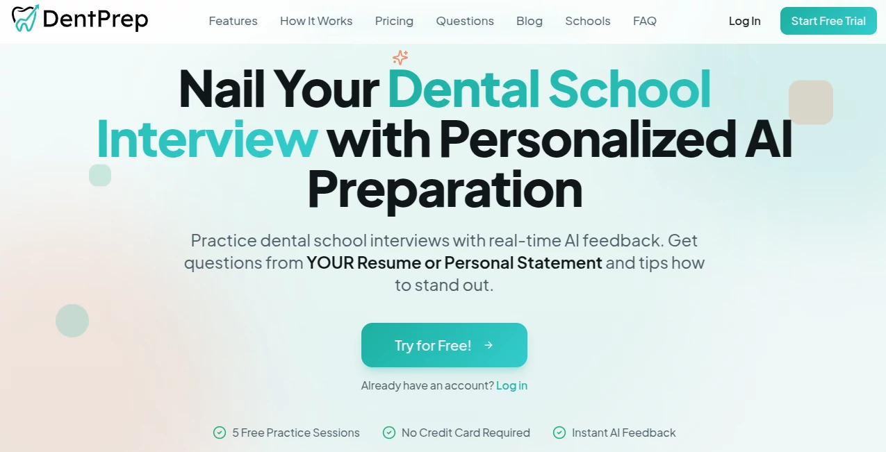 Screenshot of DentPrep – An AI tool in the ,AI Coaching ,AI Quizzes ,AI Education Assistant ,AI Interview Assistant  category, showcasing its interface and key features.