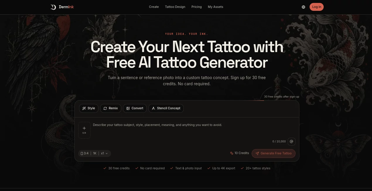 Screenshot of DermInk – An AI tool in the ,AI Art Generator ,Design & Art  category, showcasing its interface and key features.
