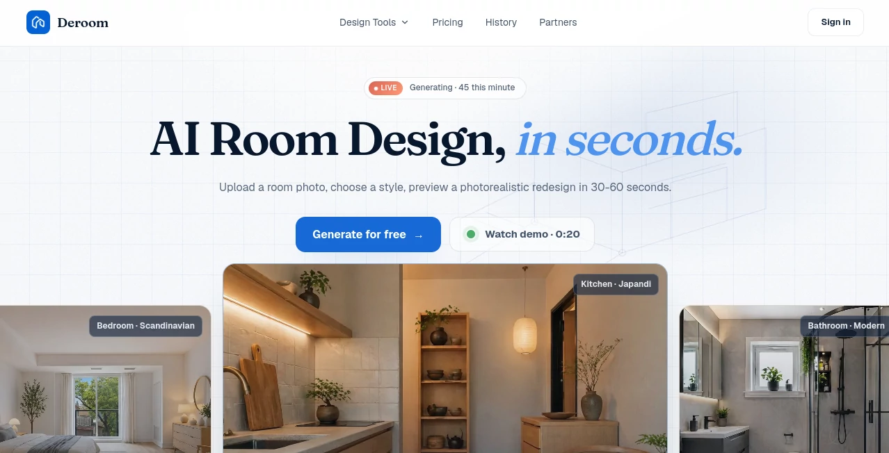 Screenshot of Deroom – An AI tool in the ,AI Design Assistant ,AI Design Generator ,AI Image to Image ,AI Interior & Room Design  category, showcasing its interface and key features.
