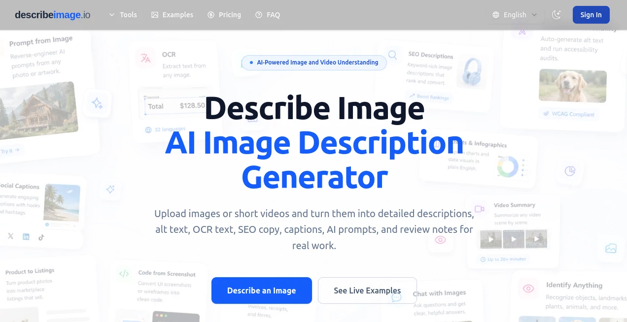 Screenshot of DescribeImage – An AI tool in the ,AI Writing Assistants ,AI Content Generator ,AI Image Recognition  category, showcasing its interface and key features.