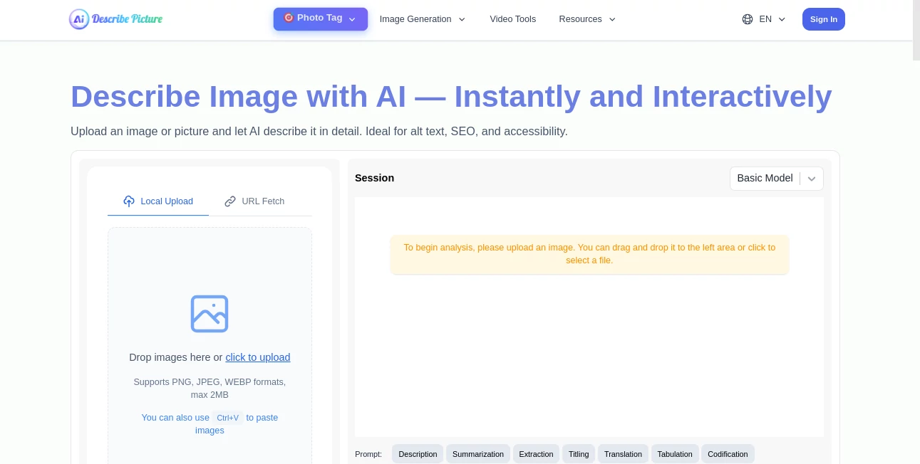 Screenshot of Image Describer – An AI tool in the ,AI Content Generator ,Photo & Image Editor ,AI Image Recognition ,AI Design Generator  category, showcasing its interface and key features.