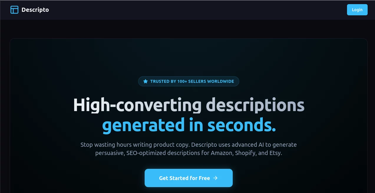 Screenshot of Descripto – An AI tool in the ,AI Content Generator ,AI E-commerce Assistant ,AI Analytics Assistant ,AI SEO Assistant  category, showcasing its interface and key features.