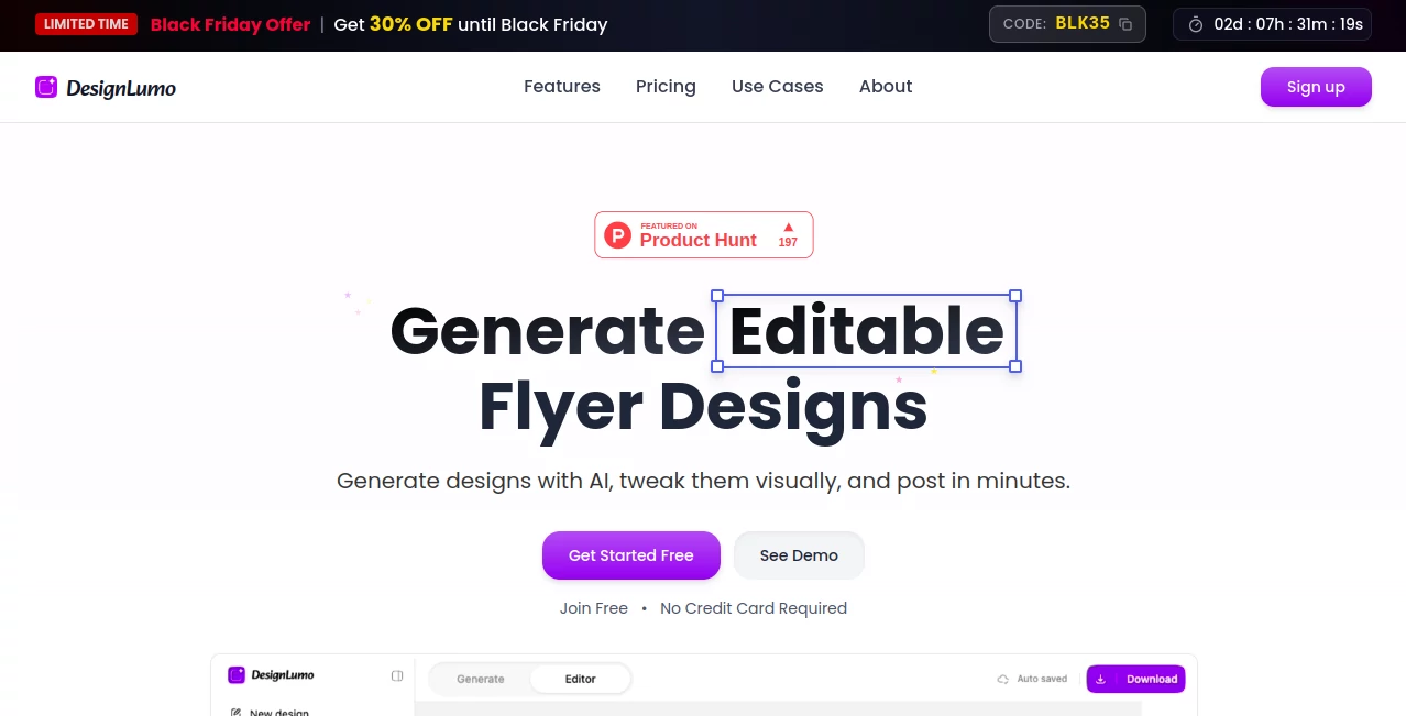 Screenshot of DesignLumo – An AI tool in the ,AI Design Generator ,AI Graphic Design ,AI Design Assistant ,AI Presentation Generator  category, showcasing its interface and key features.