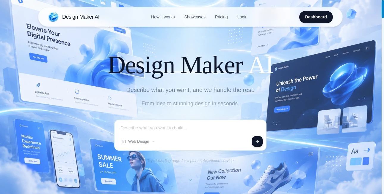 Screenshot of Design Maker AI – An AI tool in the ,AI Marketing Plan Generator ,AI Design Generator ,AI Graphic Design ,AI Design Assistant  category, showcasing its interface and key features.