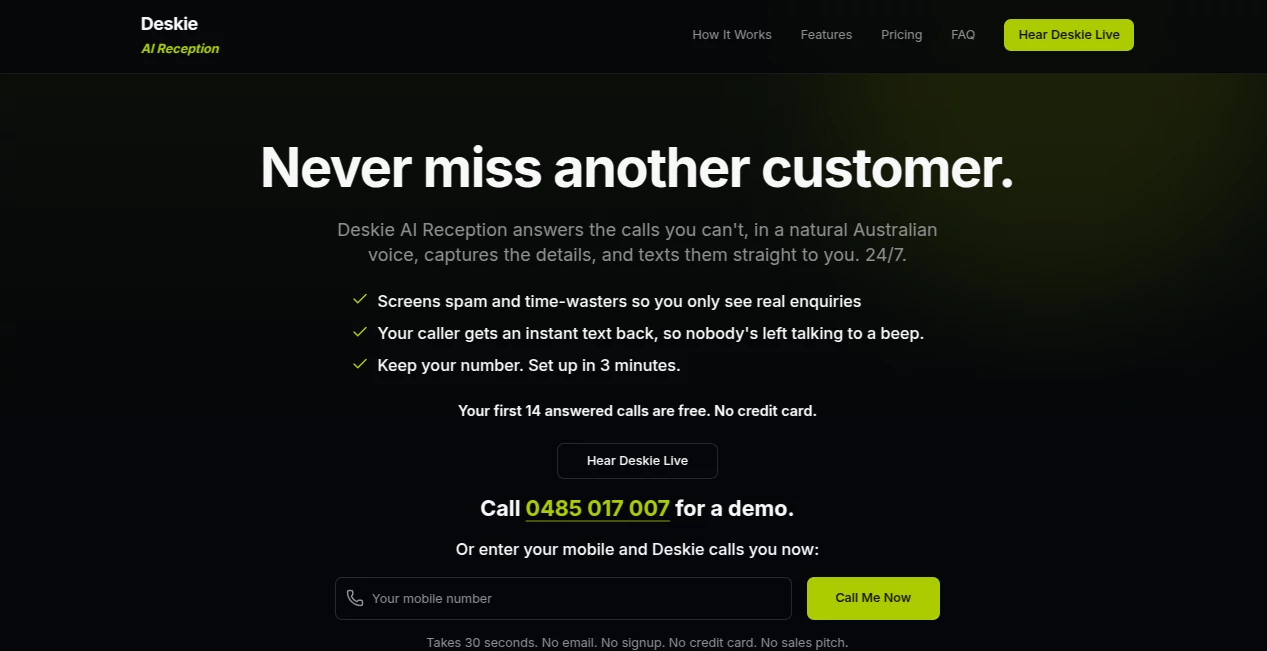 Screenshot of Deskie – An AI tool in the ,AI Voice Assistants ,AI Customer Service Assistant ,Business  category, showcasing its interface and key features.