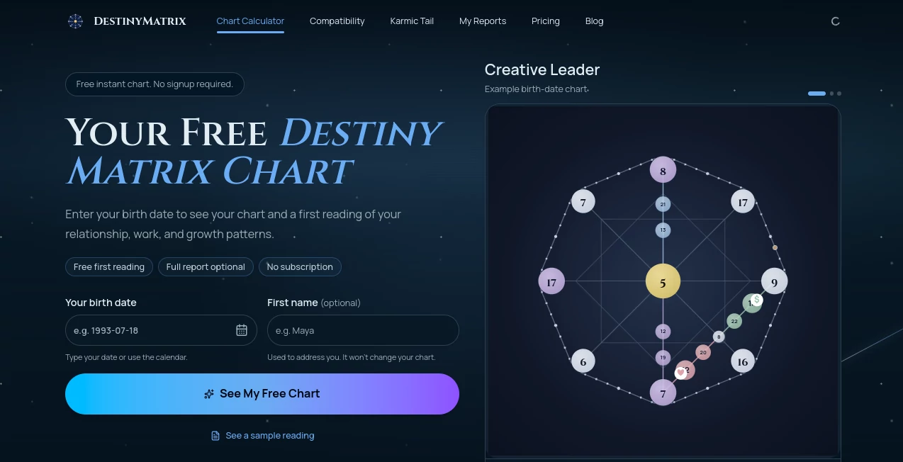 Screenshot of DestinyMatrix – An AI tool in the ,AI Coaching ,Life Assistant  category, showcasing its interface and key features.