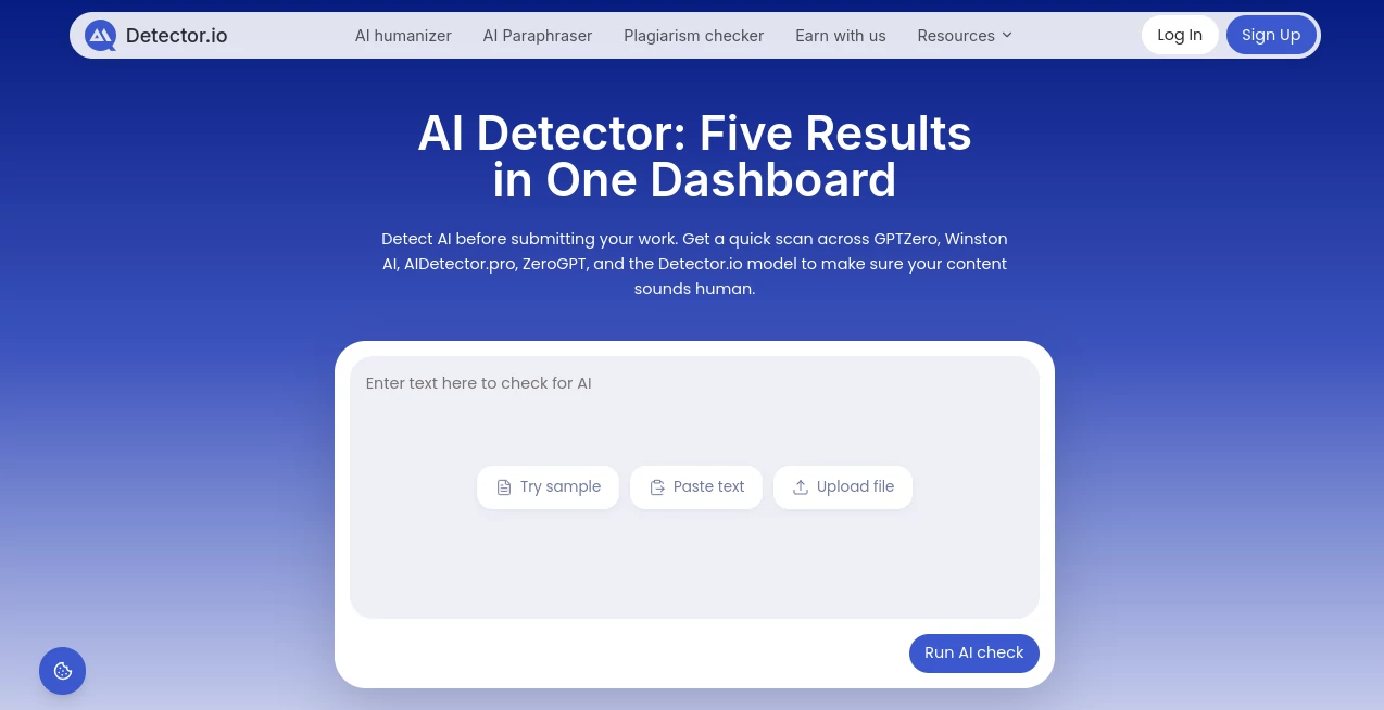 Screenshot of Detector.io – An AI tool in the ,AI Writing Assistants ,AI Detector ,AI Checker Essay ,AI Content Detector  category, showcasing its interface and key features.