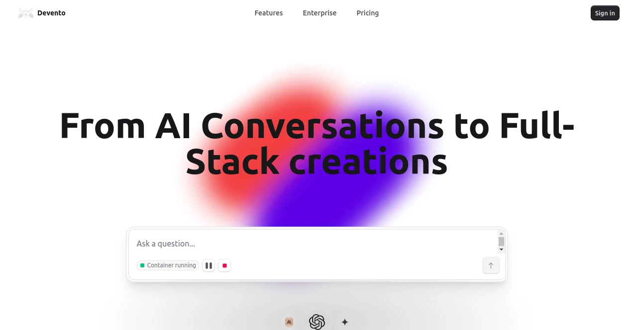 Screenshot of Devento AI – An AI tool in the ,AI App Builder ,AI No-Code & Low-Code ,AI Code Generator ,AI Developer Tools  category, showcasing its interface and key features.