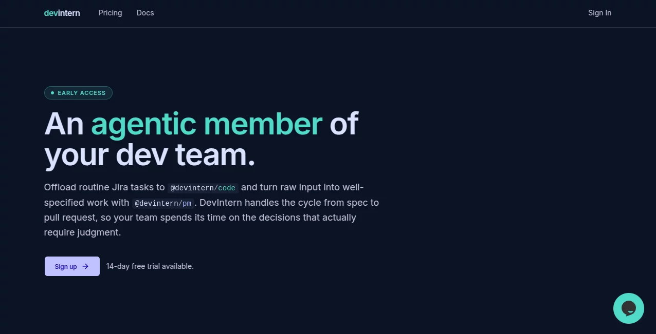 Screenshot of devintern – An AI tool in the ,AI Workflow Management ,AI Code Assistant ,AI Code Generator ,AI Developer Tools  category, showcasing its interface and key features.