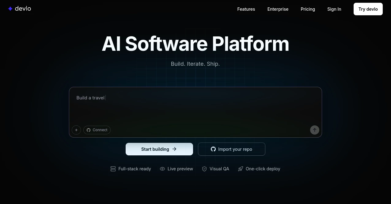 Screenshot of Devlo AI – An AI tool in the ,AI Code Refactoring ,AI Code Assistant ,AI Code Generator ,AI Developer Tools  category, showcasing its interface and key features.