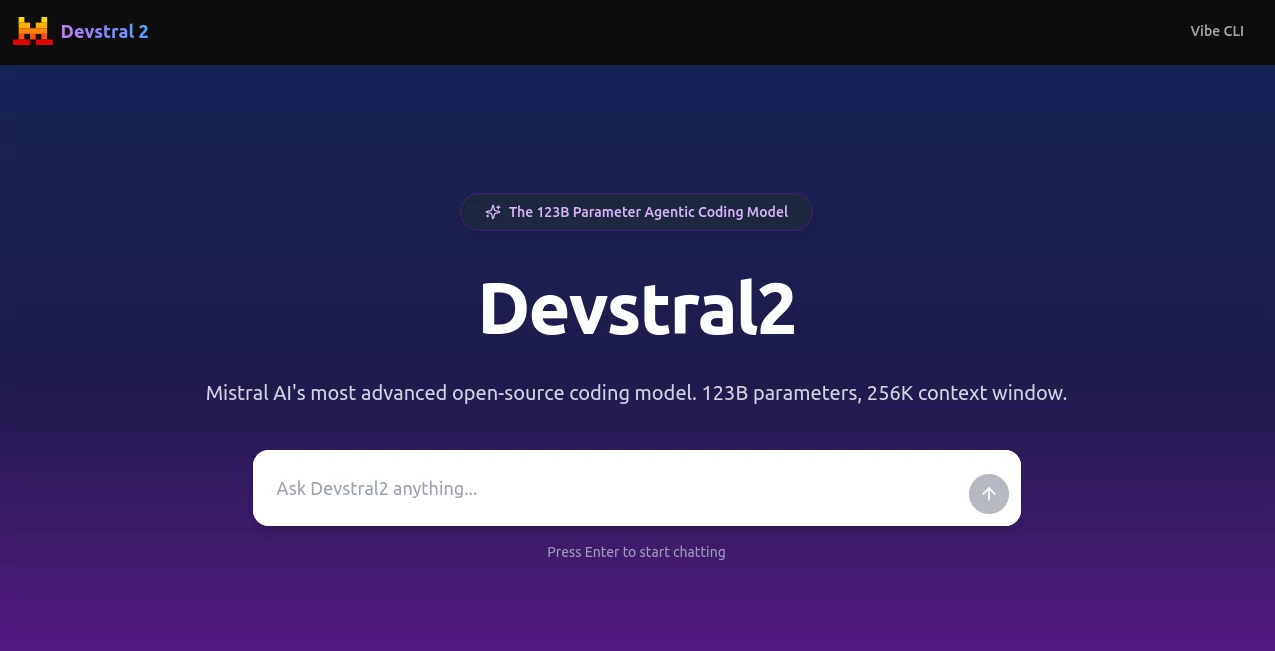 Screenshot of Devstral 2 – An AI tool in the ,AI Productivity Tools  category, showcasing its interface and key features.