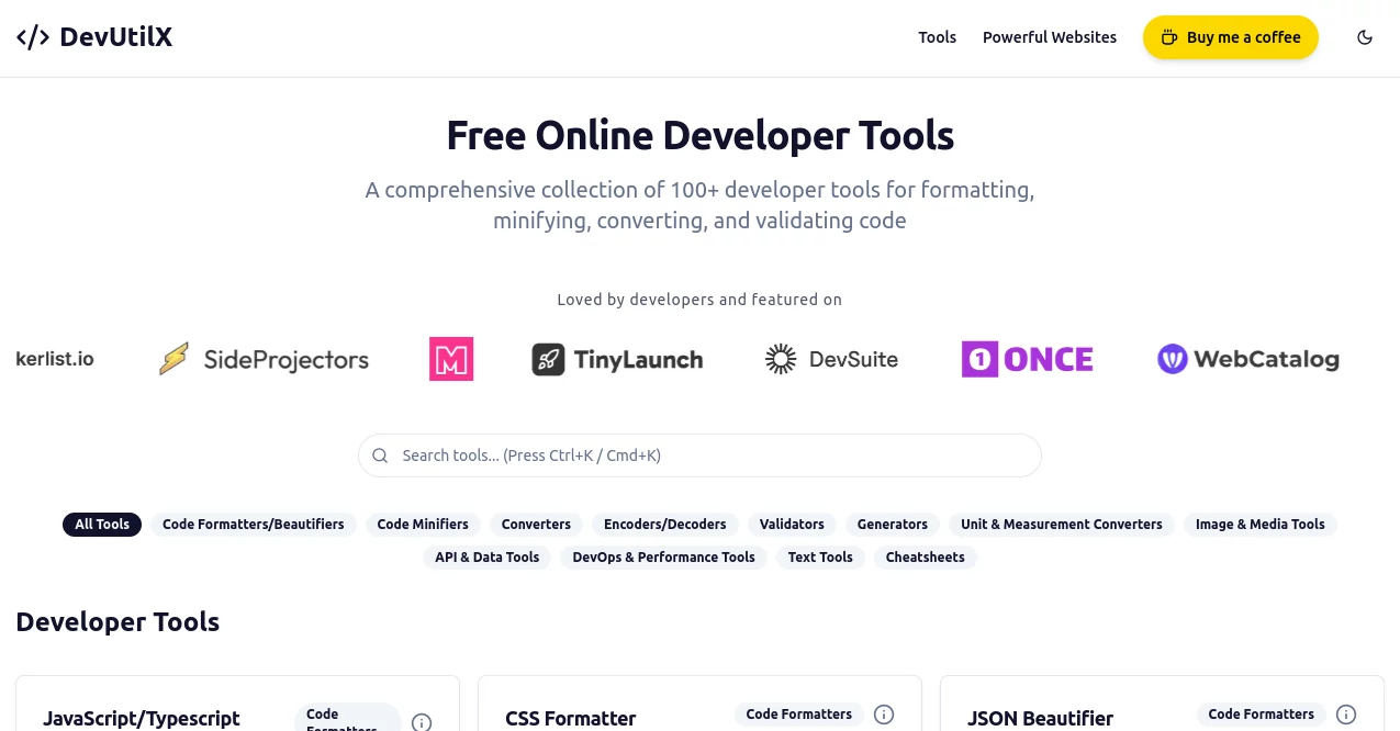 Screenshot of DevUtilX – An AI tool in the ,AI Developer Tools  category, showcasing its interface and key features.
