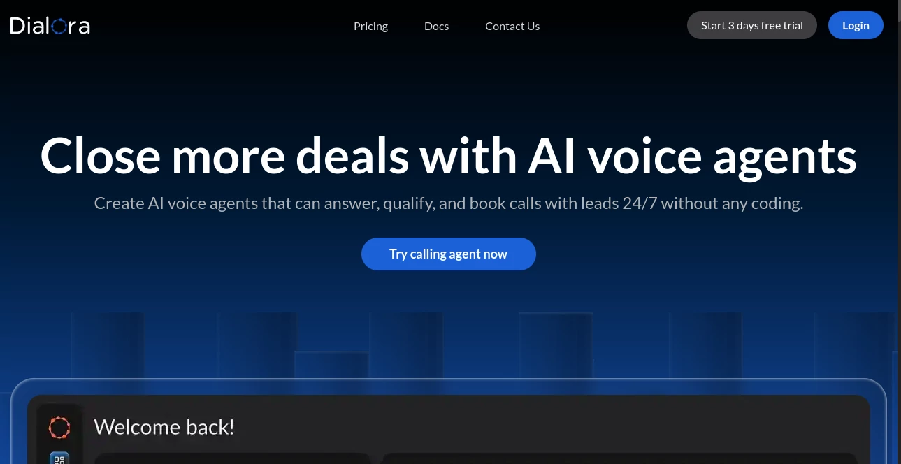 Screenshot of Dialora AI – An AI tool in the ,AI Customer Service Assistant ,AI Scheduling ,AI CRM Assistant ,AI Voice Assistants  category, showcasing its interface and key features.