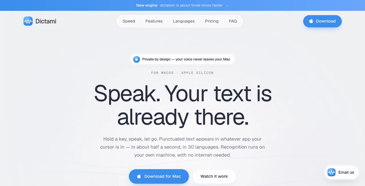 Screenshot of Dictami – An AI tool in the ,AI Speech to Text ,Voice  category, showcasing its interface and key features.