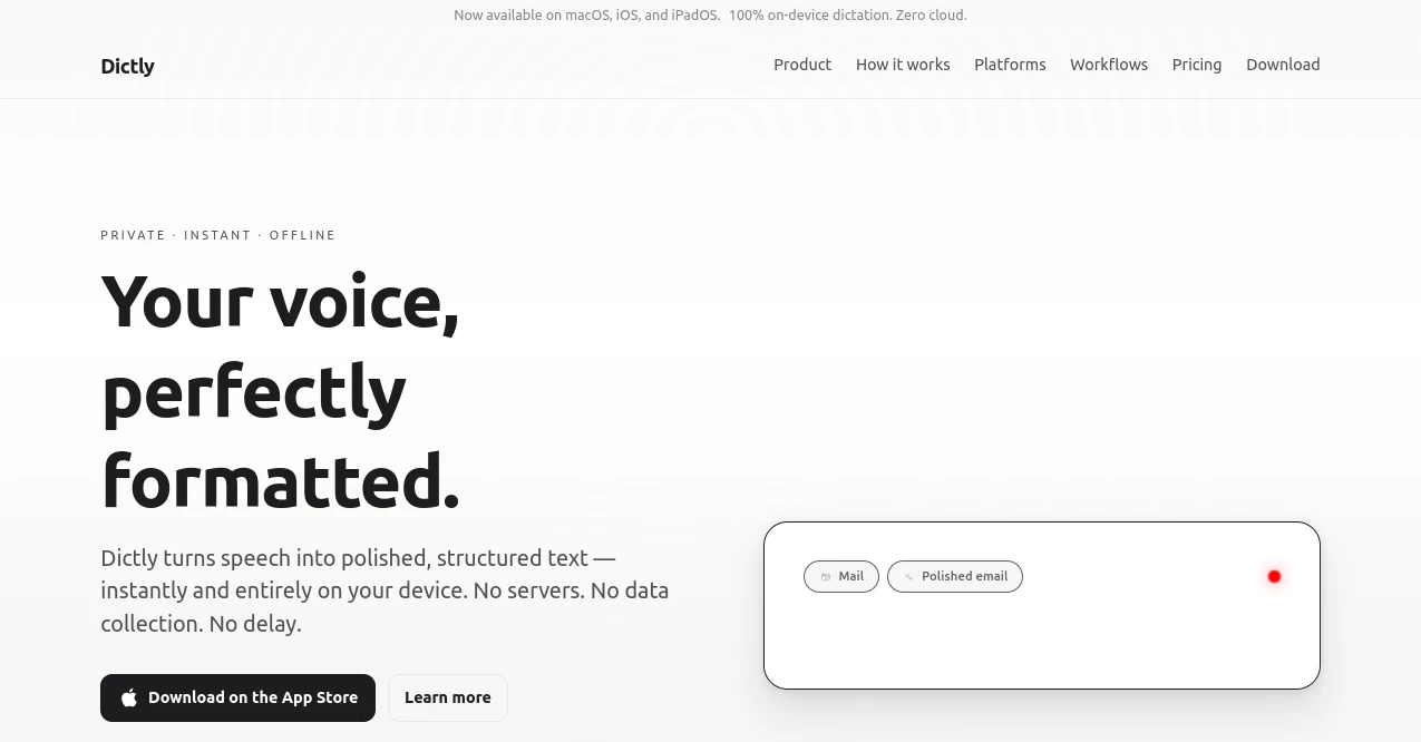 Screenshot of Dictly – An AI tool in the ,AI Writing Assistants ,AI Transcription ,AI Speech to Text ,AI Notes Assistant  category, showcasing its interface and key features.