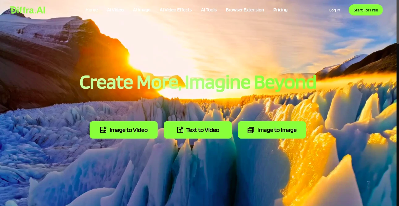 Screenshot of Diffra AI – An AI tool in the ,AI Photo & Image Generator ,AI Image to Video ,AI Text to Video ,AI Video Generator ,AI Image to Image  category, showcasing its interface and key features.
