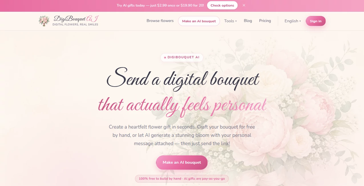 Screenshot of DigiBouquet – An AI tool in the ,AI Photo & Image Generator ,AI Life Assistant ,AI Fun Tools ,AI Gift Ideas  category, showcasing its interface and key features.