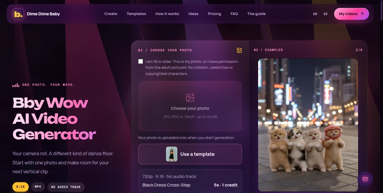 Screenshot of Dime Dime Baby – An AI tool in the ,AI Image to Video ,AI Video Generator ,Video ,AI Short Clips Generator  category, showcasing its interface and key features.