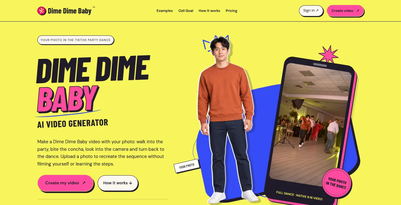Screenshot of Dime Dime Baby – An AI tool in the ,AI Image to Video ,Video  category, showcasing its interface and key features.
