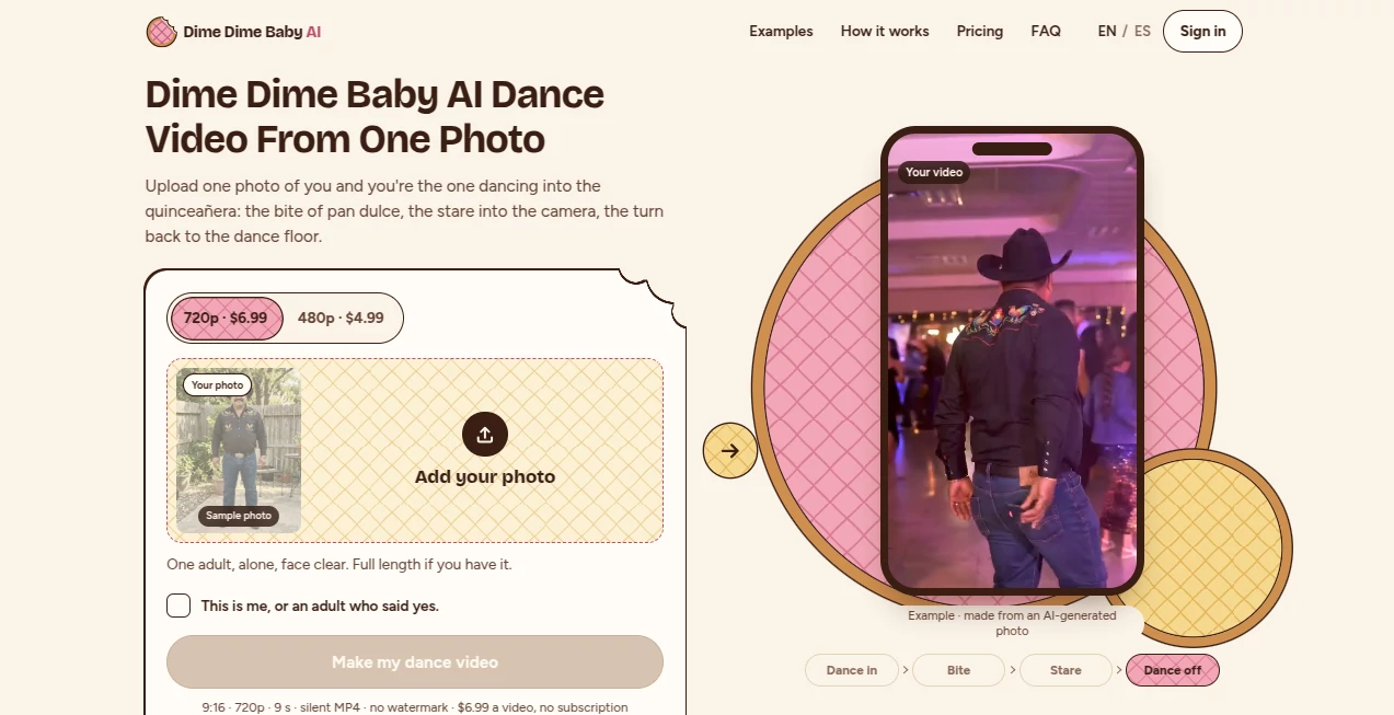 Screenshot of Dime Dime Baby AI – An AI tool in the ,AI Image to Video ,AI Personalized Video Generator ,Video  category, showcasing its interface and key features.