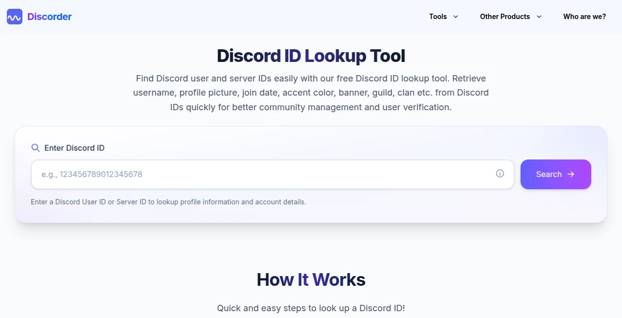 Screenshot of Discord ID Lookup – An AI tool in the ,Other  category, showcasing its interface and key features.