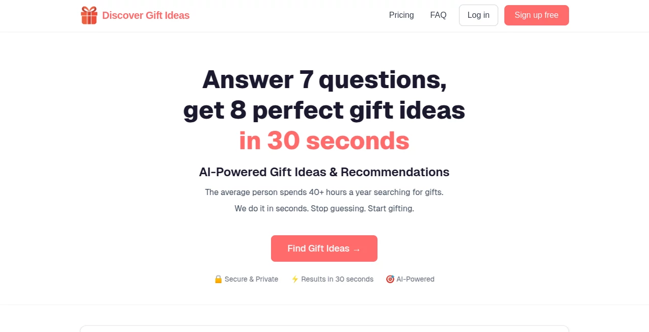 Screenshot of Discover Gift Ideas – An AI tool in the ,AI Life Assistant ,AI Fun Tools ,AI Gift Ideas  category, showcasing its interface and key features.