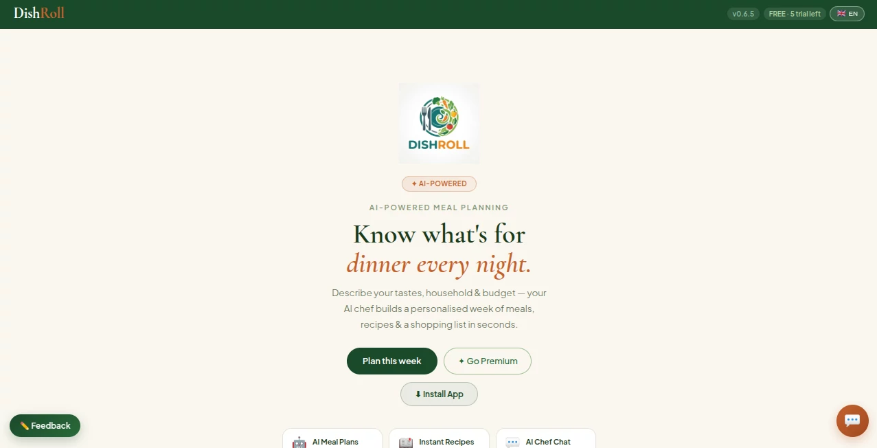 Screenshot of DishRoll – An AI tool in the ,AI Recipe Assistant ,AI Life Assistant ,Other  category, showcasing its interface and key features.