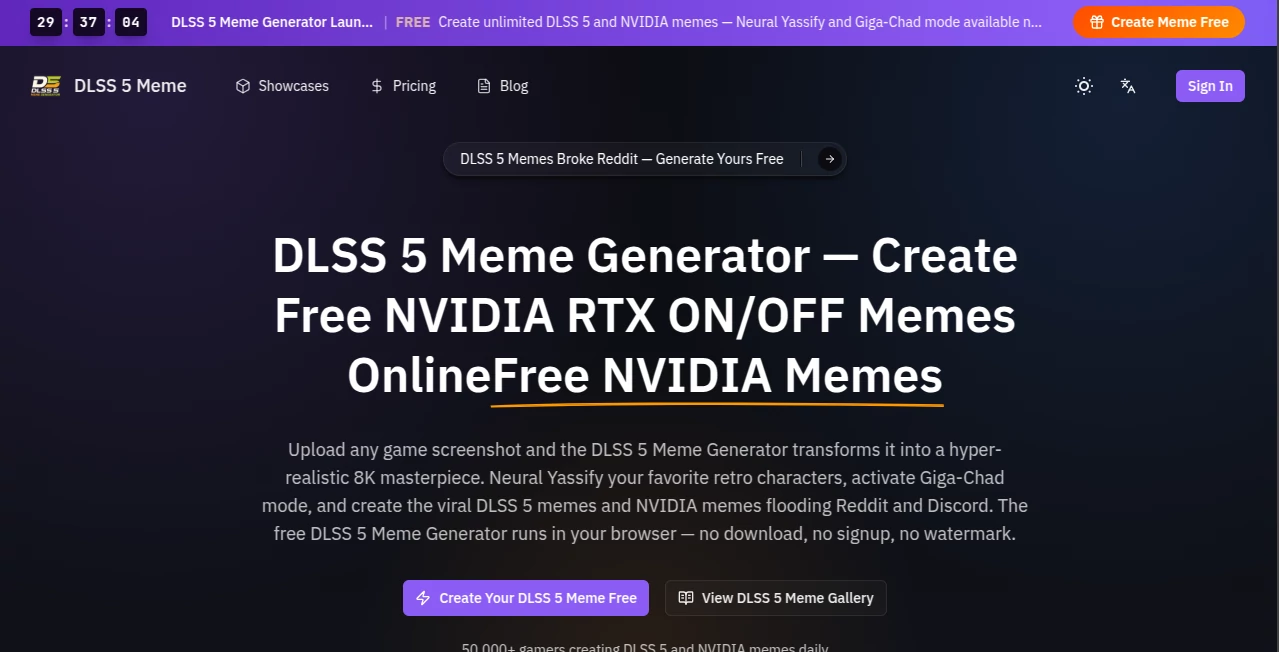 Screenshot of DLSS 5 Meme Generator – An AI tool in the ,AI Fun Tools ,Photo & Image Editor ,AI Design Generator ,AI Image to Image  category, showcasing its interface and key features.