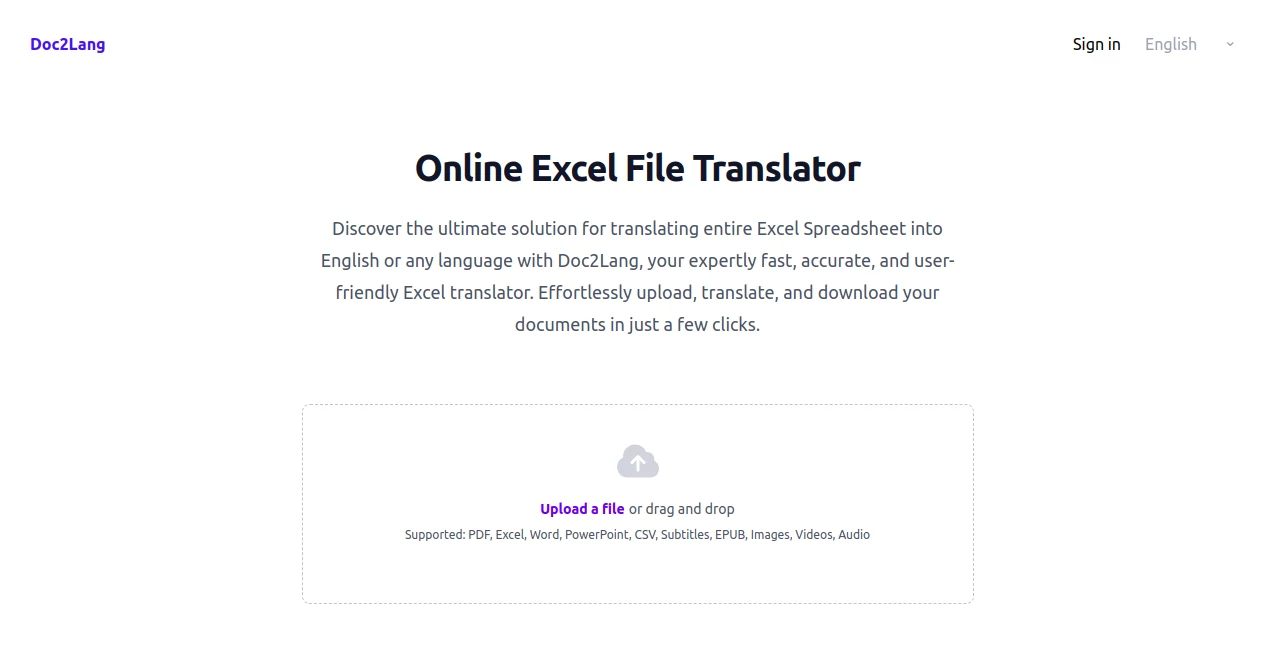Screenshot of doc2lang - Online Excel File Translator – An AI tool in the ,AI Translate ,AI Documents Assistant ,AI Spreadsheet  category, showcasing its interface and key features.