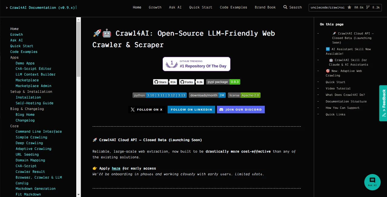 Screenshot of Crawl4AI – An AI tool in the ,AI Web Scraping ,Github Repos ,AI Research Tool ,AI Developer Tools  category, showcasing its interface and key features.