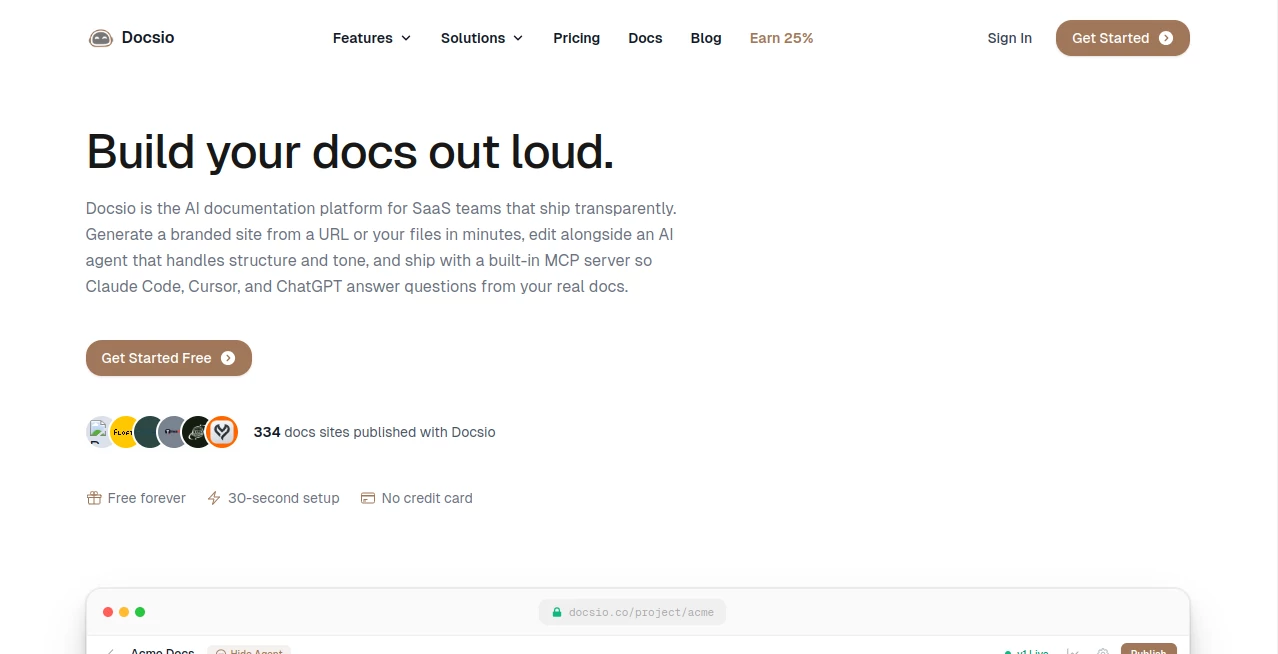 Screenshot of Docsio – An AI tool in the ,AI Developer Tools ,AI Knowledge Base ,AI Documents Assistant  category, showcasing its interface and key features.
