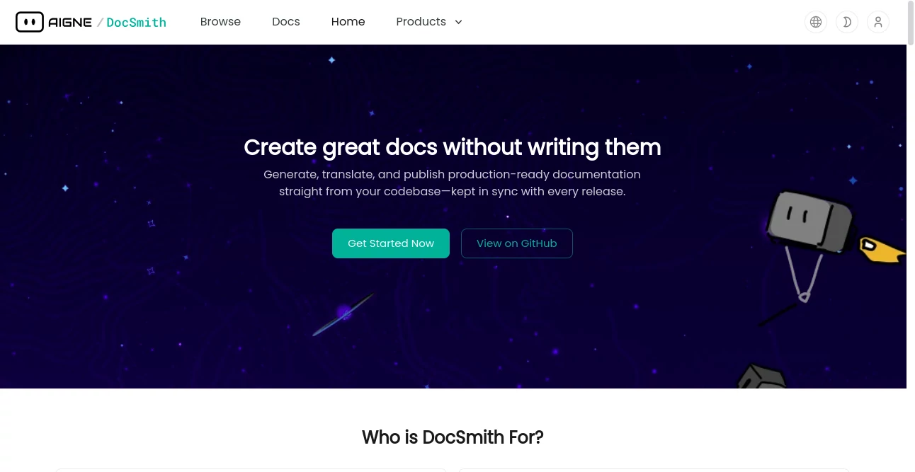 Screenshot of AIGNE DocSmith – An AI tool in the ,AI Document Extraction ,AI Code Assistant ,AI Code Explanation ,AI Developer Docs  category, showcasing its interface and key features.