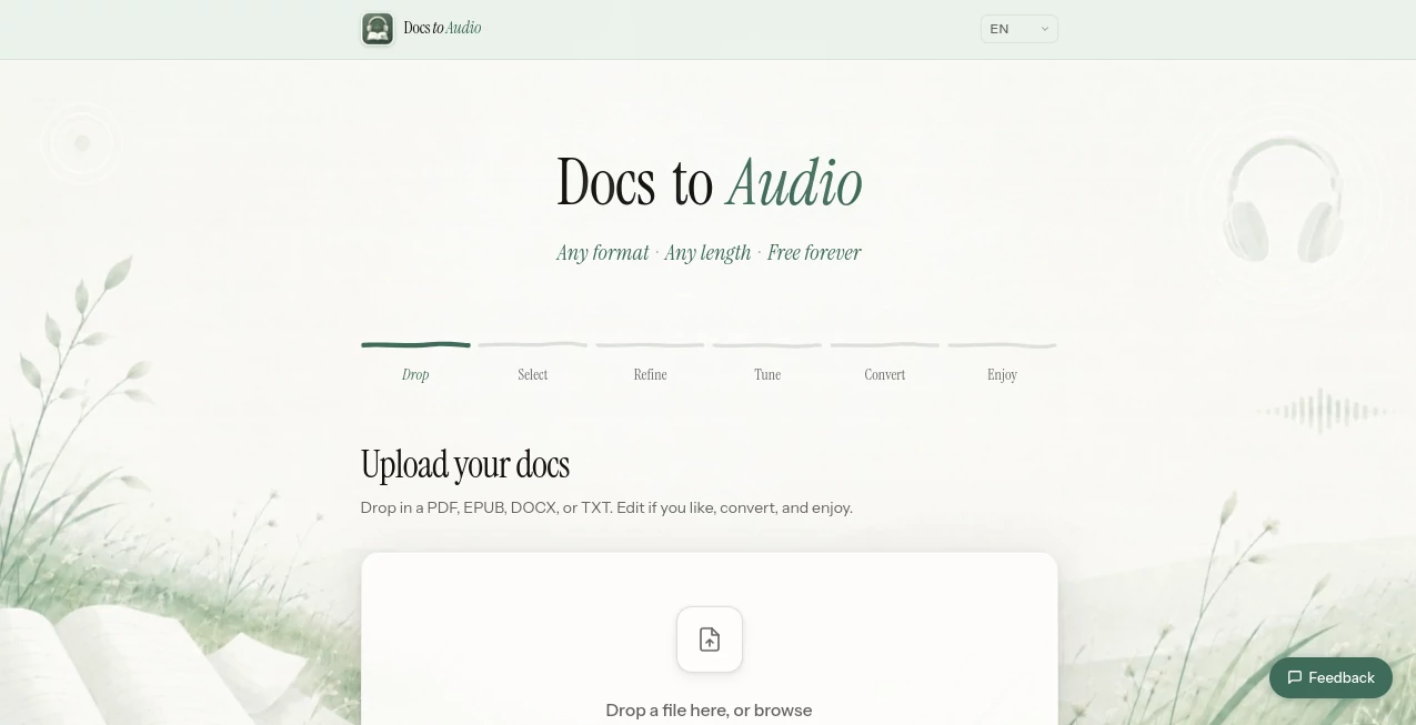 Screenshot of Docs to Audio – An AI tool in the ,AI Text to Speech ,AI Voice & Audio Editing ,AI Speech Synthesis ,AI Documents Assistant  category, showcasing its interface and key features.