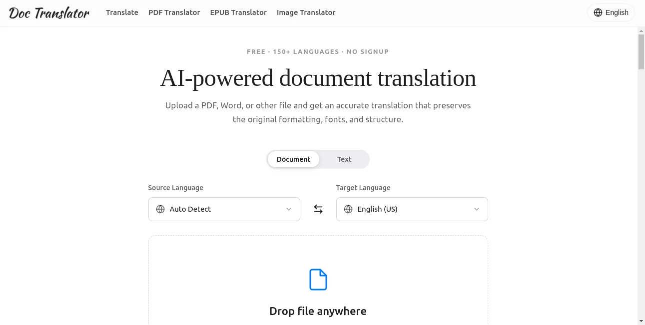 Screenshot of Doc Translator – An AI tool in the ,AI Translate ,AI Productivity Tools ,AI Document Extraction ,AI Documents Assistant  category, showcasing its interface and key features.