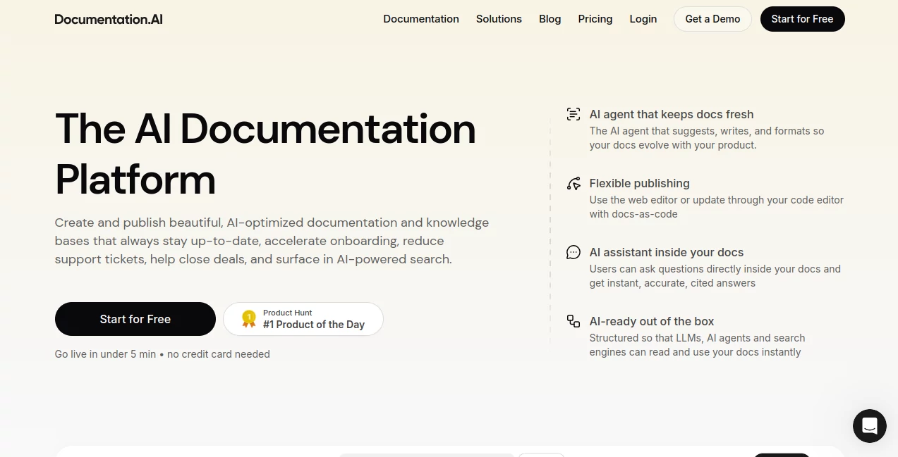 Screenshot of AI Documentation – An AI tool in the ,AI Content Generator ,AI Report Writing ,AI Developer Docs ,AI Writing Assistants  category, showcasing its interface and key features.