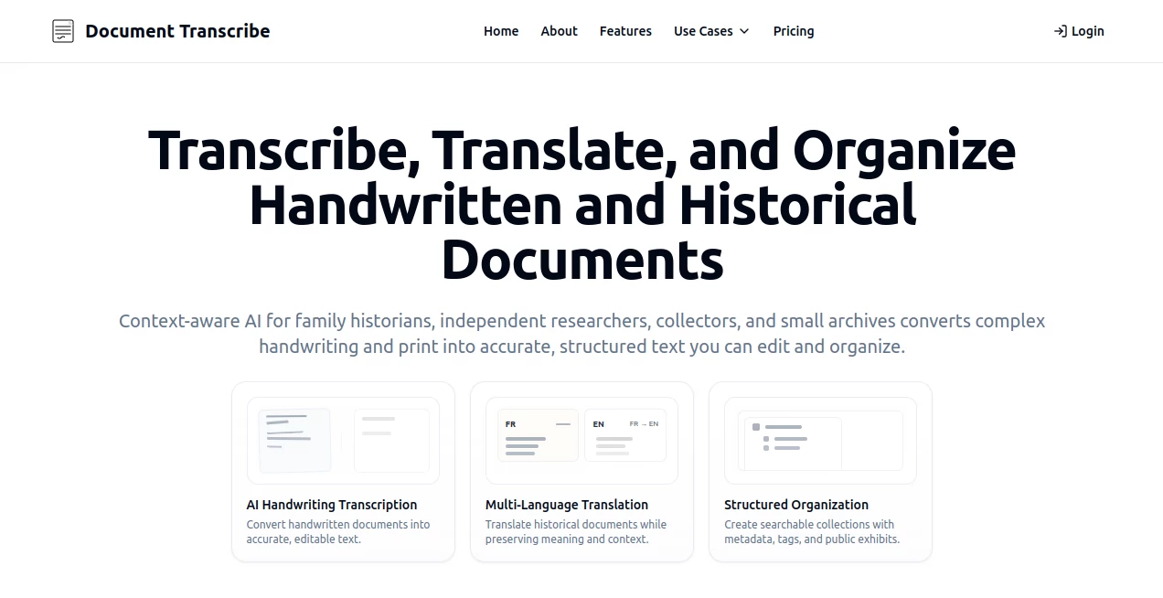 Screenshot of Document Transcribe – An AI tool in the ,AI Transcription ,AI Transcriber ,AI Speech to Text  category, showcasing its interface and key features.