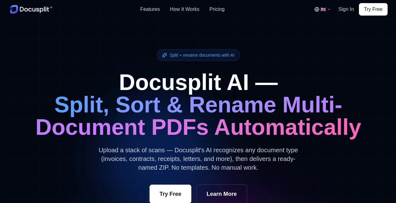 Screenshot of Docusplit AI – An AI tool in the ,AI Document Extraction ,AI Documents Assistant ,AI Productivity Tools ,AI Files Assistant  category, showcasing its interface and key features.