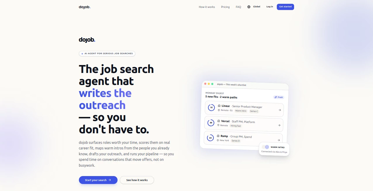 Screenshot of Dojob – An AI tool in the ,AI Life Assistant ,AI Recruiting ,AI Resume Builder ,AI Cover Letter Generator  category, showcasing its interface and key features.