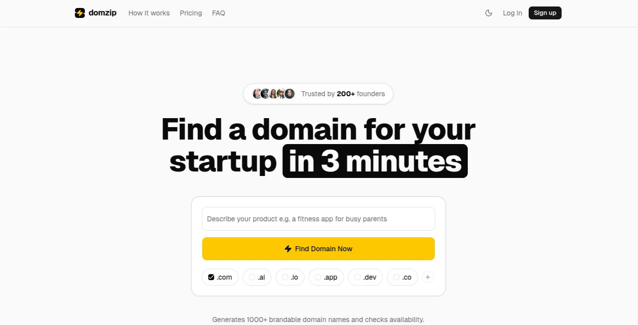 Screenshot of domzip – An AI tool in the ,AI Business Ideas Generator ,AI Domain Name Generator ,AI Marketing Plan Generator ,Other  category, showcasing its interface and key features.
