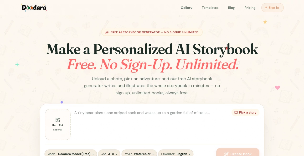 Screenshot of Doodara – An AI tool in the ,AI Book Writing ,AI Illustration Generator ,AI Story Writing  category, showcasing its interface and key features.