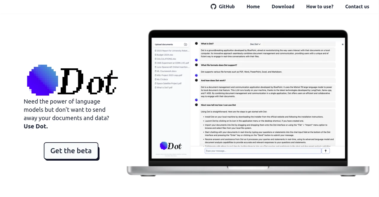 Screenshot of Dot App – An AI tool in the ,AI Code Assistant ,AI Documents Assistant ,AI Chatbot ,AI Knowledge Base  category, showcasing its interface and key features.