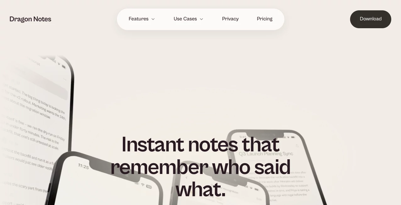 Screenshot of Dragon Notes – An AI tool in the ,AI Recording ,AI Meeting Assistant ,AI Speech to Text ,AI Notes Assistant  category, showcasing its interface and key features.
