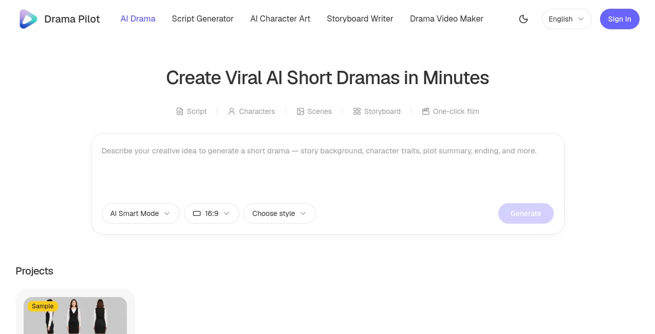 Screenshot of Drama Pilot – An AI tool in the ,AI Creative Writing ,AI Video Generator ,AI Text to Video ,AI Script Writing  category, showcasing its interface and key features.