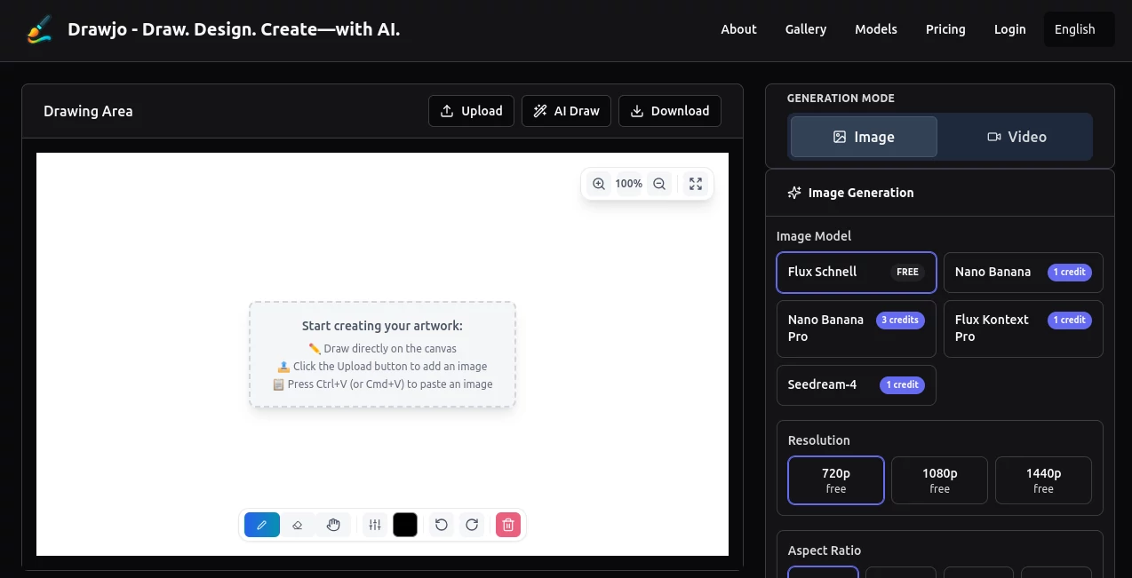 Screenshot of Drawjo – An AI tool in the ,AI Text to Image ,AI Image to Video ,AI Video Generator ,AI Art Generator  category, showcasing its interface and key features.