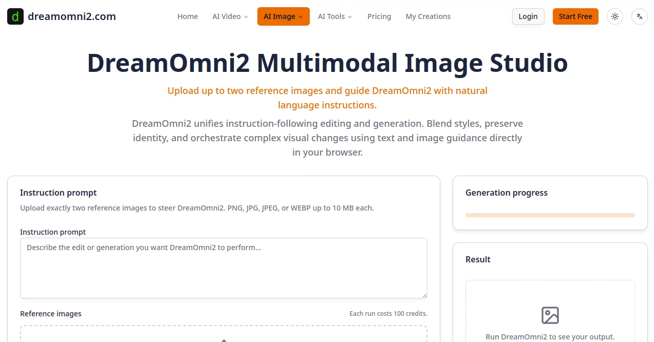 Screenshot of dreamomni2.com – An AI tool in the ,AI Photo & Image Generator ,Photo & Image Editor ,AI Image to Image ,AI Text to Image  category, showcasing its interface and key features.