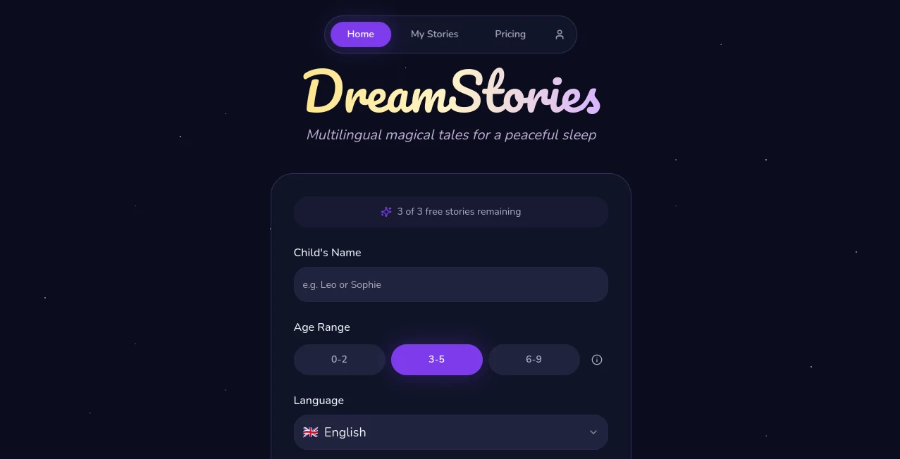 Screenshot of DreamStories – An AI tool in the ,AI Content Generator ,AI Education Assistant ,AI Text to Speech ,AI Story Writing  category, showcasing its interface and key features.