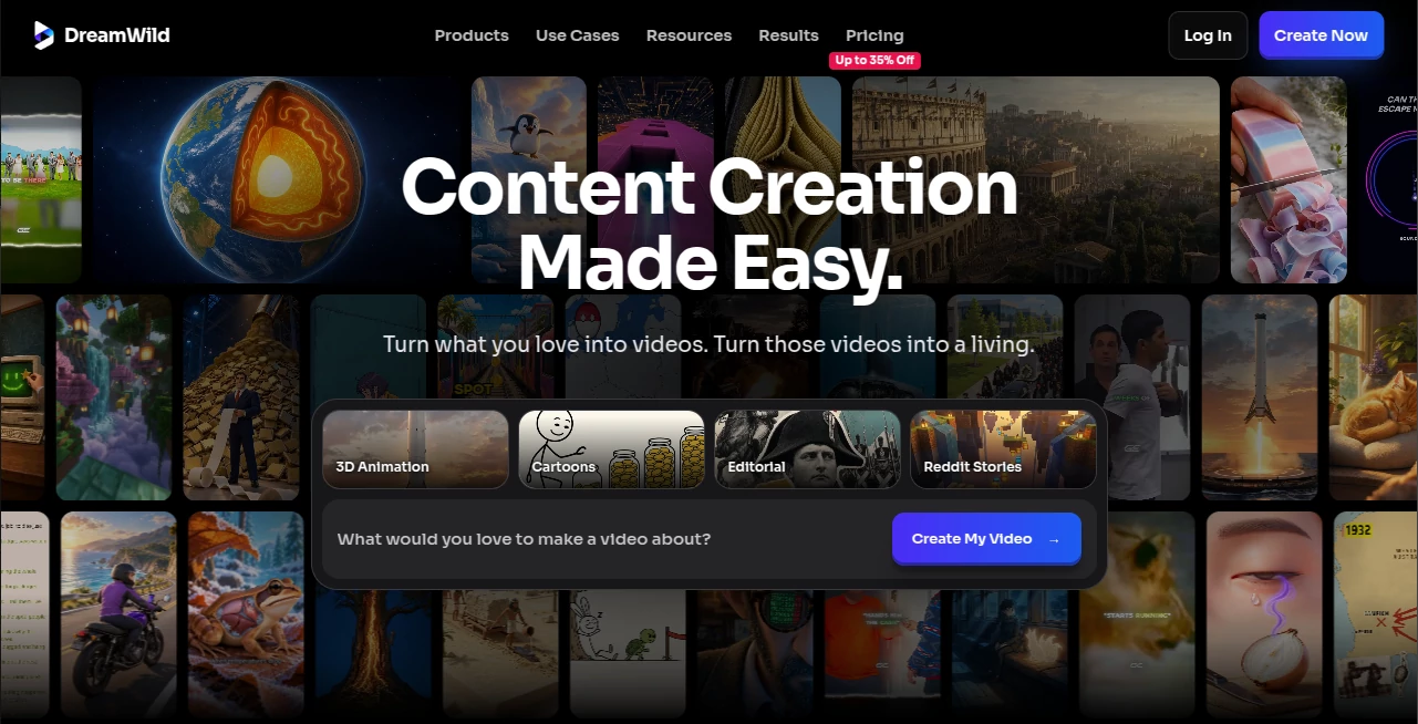 Screenshot of DreamWild – An AI tool in the ,AI Video Generator ,Video  category, showcasing its interface and key features.